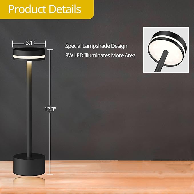 Portable Rechargeable Bedside Lamp, Touch Stepless Dimmable, Cordless Table Lamp for Home, Bedroom, Hotel, Restaurant, Bar, Outdoor, 1 Pack (Black)