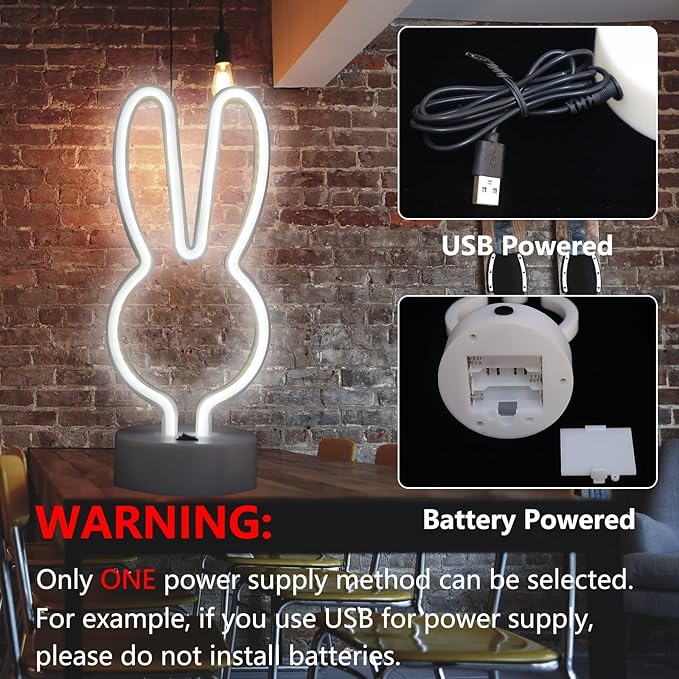 Curyidy Neon Signs Rabbit Spring Lights, East Bunny Marquee Lights with Base Art Decorations Battery/USB Operated Night Lights for Christmas, Halloween, Easter Day Decor (Rabbit-White)