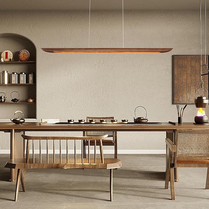 47" Wood Linear Pendant Light Modern Dimmable Kitchen Island Lighting with Remote 36W LED Island Lights Adjustable Linear Chandelier for Dinning Room Light Fixture, Bar, Pool Table Light Walnut Color