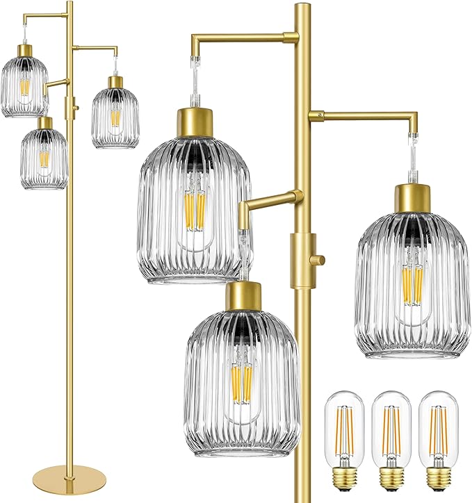 Modern Standing Lamps for Living Room, Floor Lamp with Clear Ribbed Glass Shade, Dimmable Tree Lamp Standing Lamp, Mid Century Tall Lamps with 3×600LM LED Bulbs