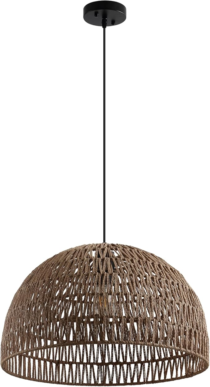 JONATHAN Y 20" Brown Modern Bohemian Woven Rope LED Pendant Light Fixture, Adjustable Dome Ceiling Lamp for Kitchen Island, Rope Shade, Coastal Farmhouse Decor (JYL6504F)