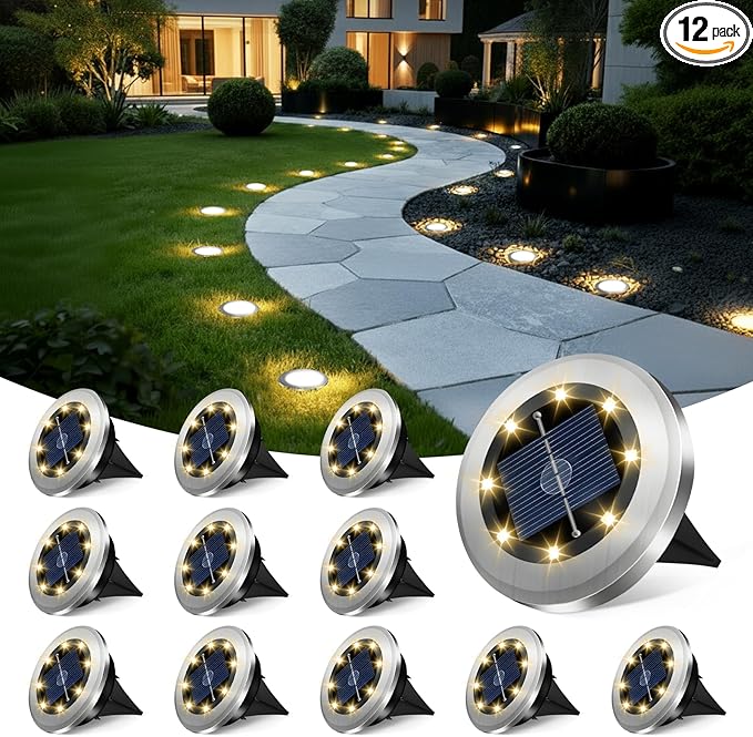Mini Solar Ground Lights 12 Pack, Solar Lights Outdoor Waterproof, Solar Garden Lights Outdoor Landscape Lighting for Pathway Walkway Patio Yard Driveway, Warm White