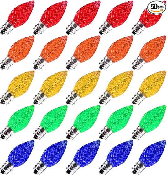 50 Pack C7 Led Replacement Christmas Light Bulb, C7 Shatterproof Led Bulbs for Christmas String Lights, E12 Candelabra Base, Commercial Grade Dimmable Holiday Bulbs, Multicolor