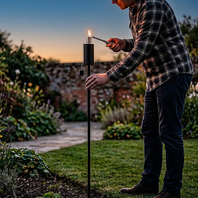 FAB BASED 55 Inch Outdoor Oil Torch Lamp–4 Pack Rustproof Stainless Steel Citronella Torches, 11.16 oz, Includes Funnel & Fiberglass Wicks for Patio Garden Backyard (Black)