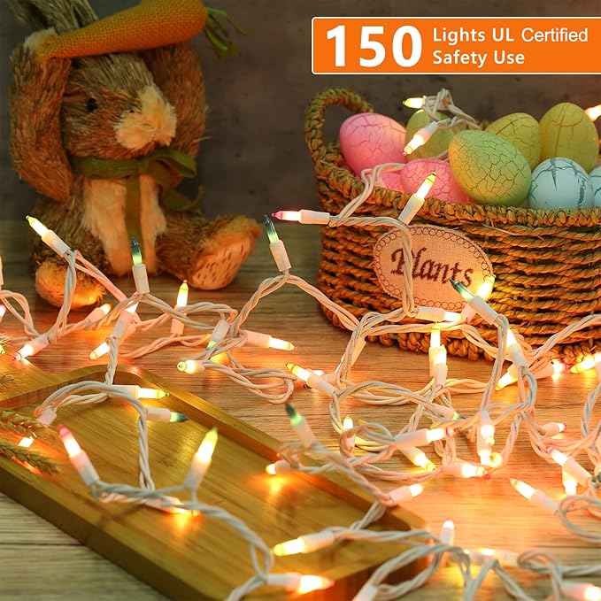 Brizled Easter Lights, 150 Count 34.8ft Incandescent Pastel String Lights, Connectable Outdoor Easter Light String, 120V UL Certified Plug-in Pastel Light for Easter, Indoor, Bedroom Decor, White Wire