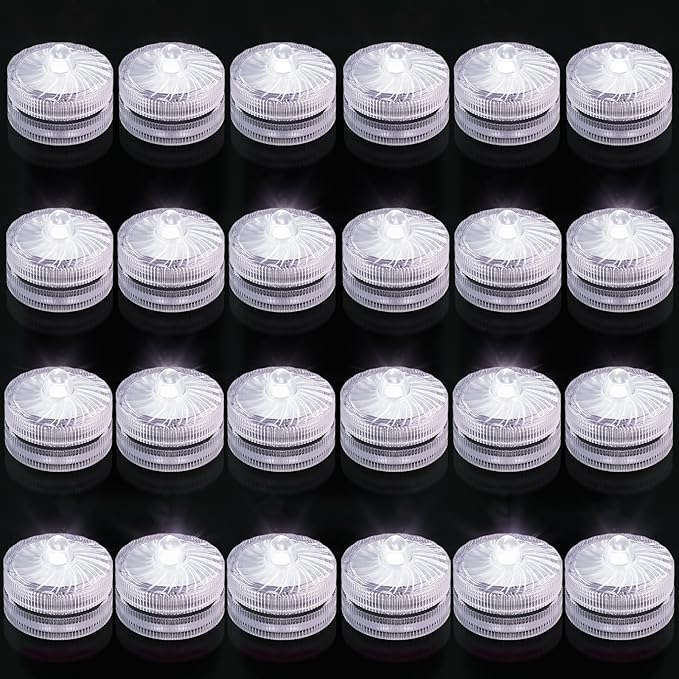 Mini Submersible LED Light, White Waterproof Flameless Candle Tealights, Underwater Pool Lights for Vases, Weddings, Birthdays, Festivals, Events, and Parties (24 Pack)
