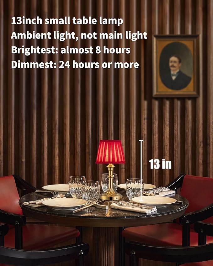 KDG Cordless Portables Table Lamp Set of 2, LED Fabric Shade Small Desk Lamps, 5000mAh Battery Powered Lighting, 2700K Stepless Dimmable Light for Living Room, Dining Room, Bedroom (Gold+Red)
