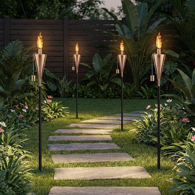 FAB BASED 55 Inch Outdoor Oil Torch Lamp–Set of 4 Pieces Rustproof Stainless Steel Citronella Torches, 12.17 oz, Includes Funnel & Fiberglass Wicks for Patio Garden Backyard (Rose Gold)