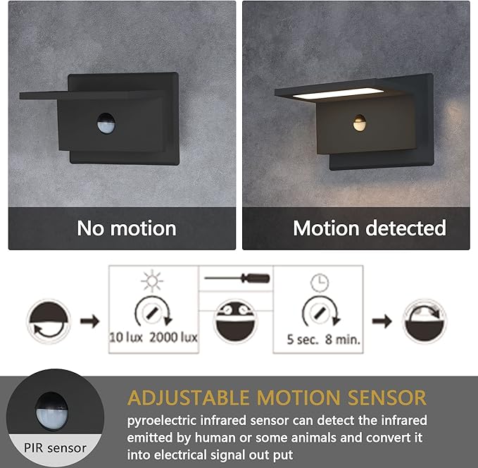 Lustrlach Motion Sensor Outdoor Wall Sconce LED Front Porch Light Wired IP54 Waterproof Modern Aluminum Exterior Light Fixture for House Garage Garden