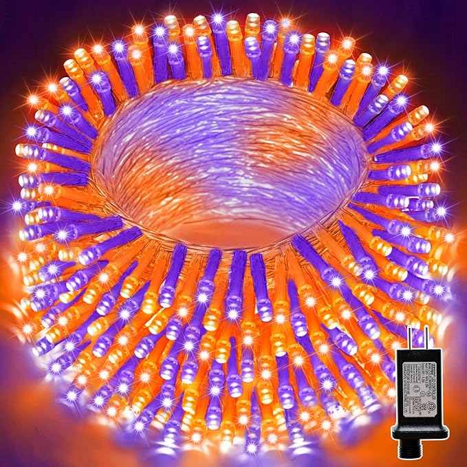 LAMPHOME 66ft Halloween Decorative Mini Lights, 200 LED Transparent Wire Fairy Starry String Lights Plug in, 16 Lighting Modes, for Halloween Decoration Outdoor Party Decoration (Orange and Purple)