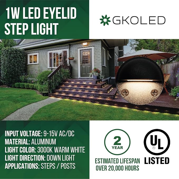 GKOLED 8-Pack Low Voltage LED Deck Lights, Mini Size Eyelid Step Lights with 0.8W Integrated LED Chips, IP65+ Rated Waterproof for Outdoor, 3000K, Die-cast Aluminum with Black Powder Coated Finish