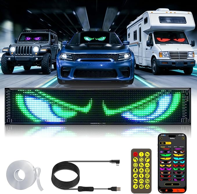 LED Devil Eye Lights for Windshield 23"x5" [Advanced Chip, 100% Synced Dual Screen] Dynamic Flexible Programmable Custom LED Eyes Display for Car Truck Front Window with Remote & APP Control