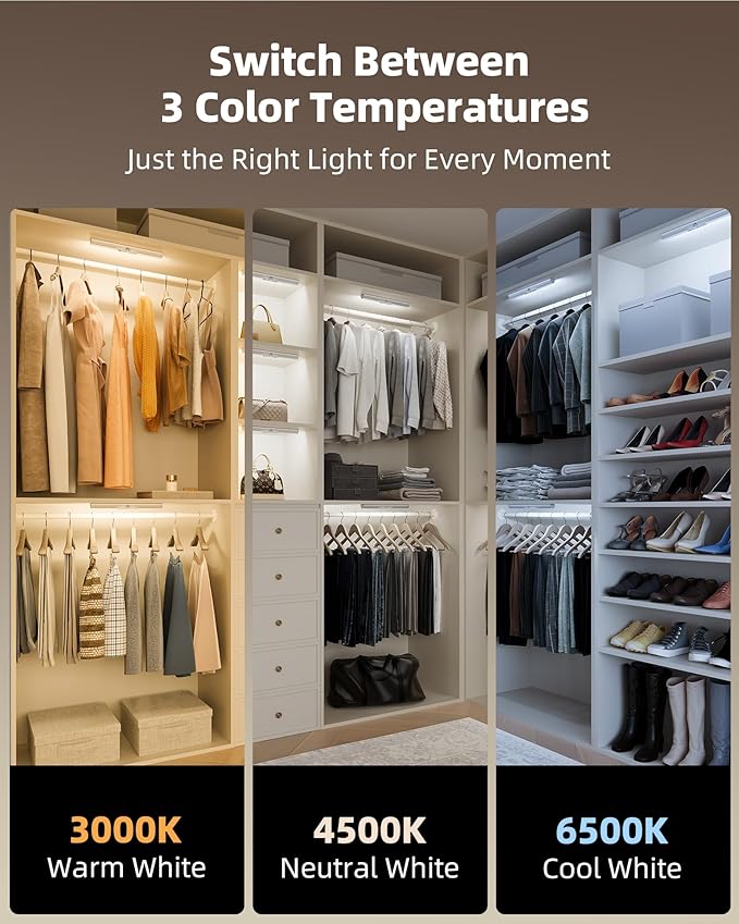 EZVALO Motion Sensor Closet Light, Rechargeable 1800mAh Battery-Operated LED Light, Rotatable Sensor, 3 Color Temperatures & Stick-On Light for Closet, Pantry, Stairs
