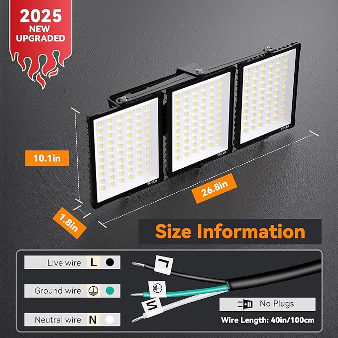 600W 2025 Plus New Upgraded LED Outdoor Flood Light, 15000LM 6000K Daylight White IP66 Waterproof, Stadium Lights, 3 Heads Adjustable Outdoor Floodlight Security Lights for Yards, Patios, Street