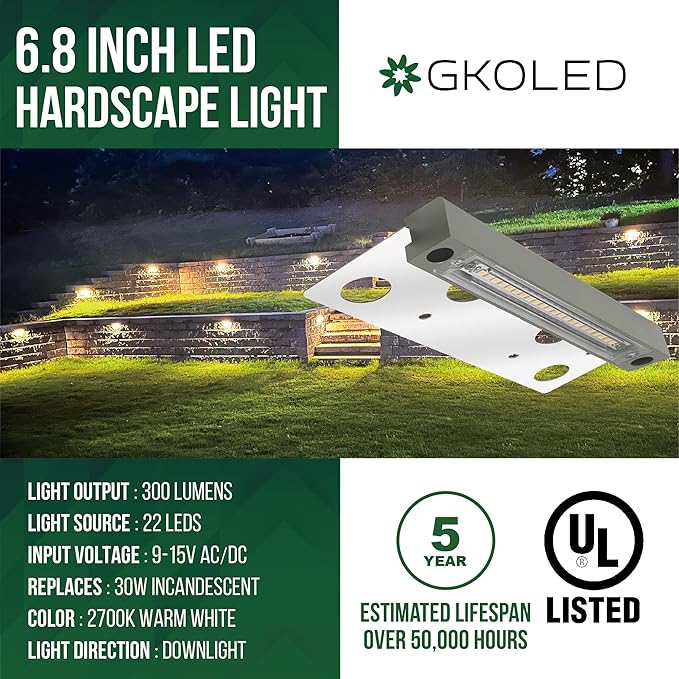 GKOLED Hardscape Light, Paver Wall Lights, 6.8 Inches Step Lighting, Integrated 4W 2700K LED Chips, Solid Powder Coated Die-cast Aluminum Housing, 12V AC/DC, Gray, UL Listed