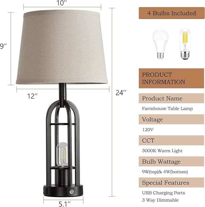 24" Table Lamps for Living Room Set of 2, Farmhouse Industrial 3-Way Dimmable Touch Bedside Lamps with USB A+C for Bedroom Nightstand，4 Bulbs Included