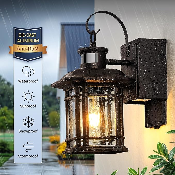 2 Pack Porch Light with GFCI Outlet, Distance and Time Adjustable Motion Sensor Outdoor Wall Lights, Bronze Outside Sconce Lights for House Garden Patio Garage, Waterproof