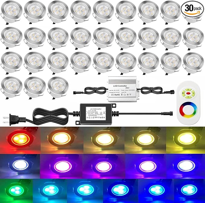 Low Voltage LED Deck Lighting Kit Stainless Steel 0.2W~0.5W RGB Waterproof Outdoor Yard Garden Decoration Lamps Landscape Pathway Patio Step Stairs LED In-ground Lights Silver Border (30pack)
