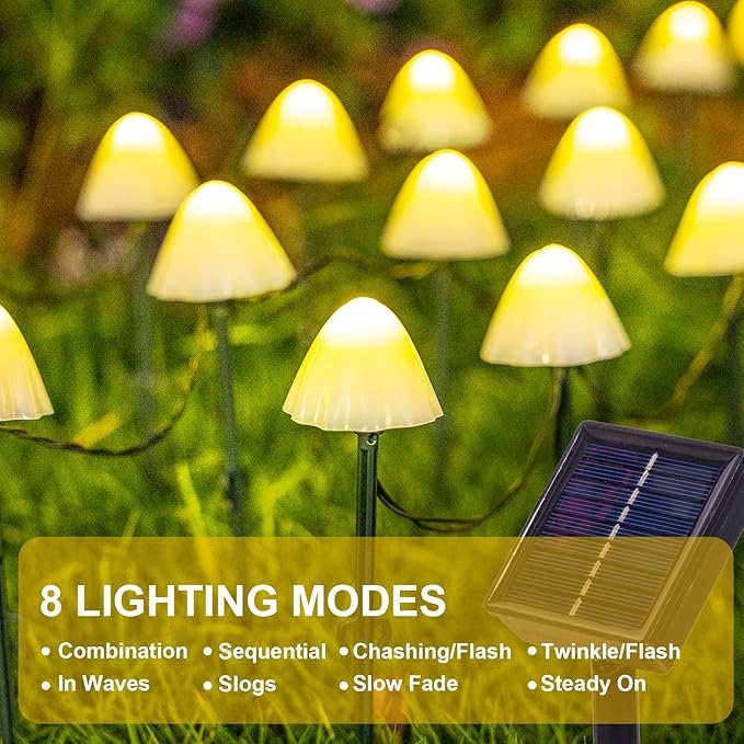 20 LED Mushroom Solar String Lights Outdoor, 8 Modes Decorations Garden Lights Waterproof, Solar Fairy String Light for Outside Patio Pathway and Yard, Warm White