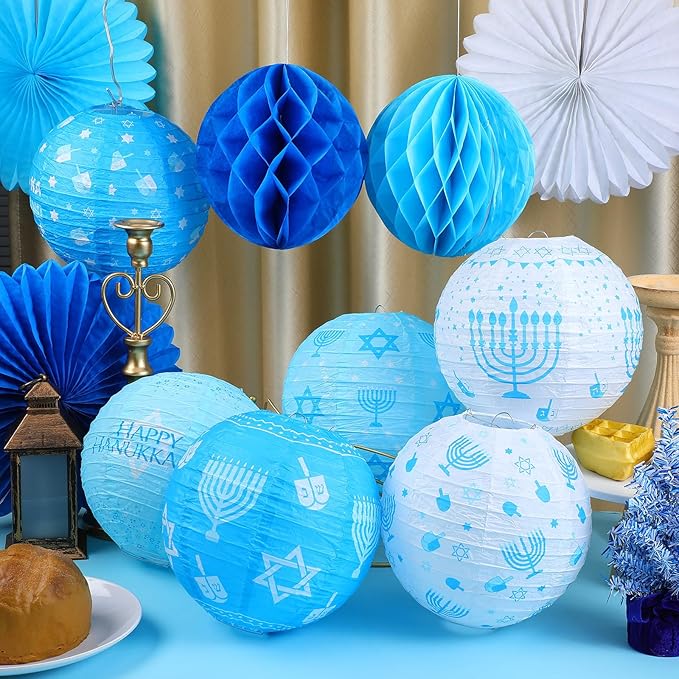Retisee 18 Pcs Hanukkah Party Decoration Happy Hanukkah Paper Lanterns with Candlestick Dreidel Blue White Hanging Paper Fans Honeycomb Balls Chanukah Home Ornament for Jewish Party Decor