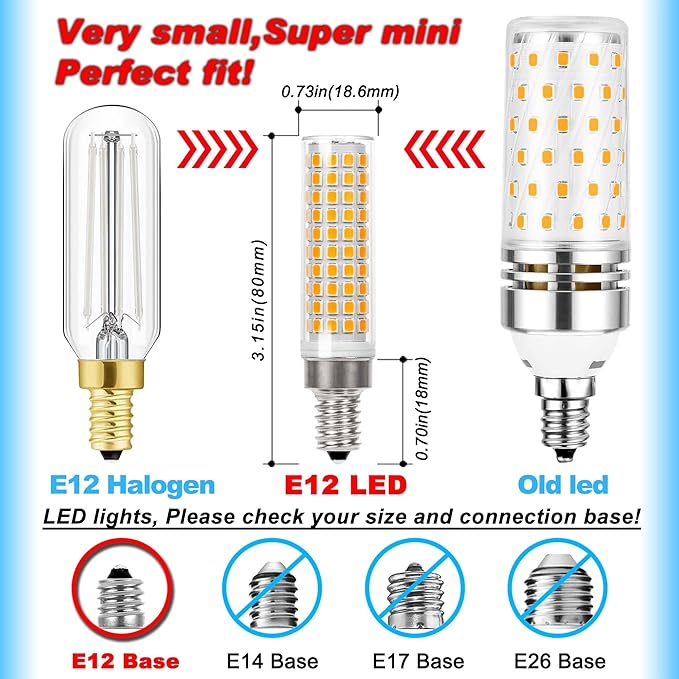 E12 100 Watt LED Candelabra Bulbs Equivalent C7,2700K Warm White,1200 lm T6 E12 12W LED Candle Bulbs for Ceiling Fan Chandelier Pendant Lighting Salt Lamp,Non-dimmable,2 Pack