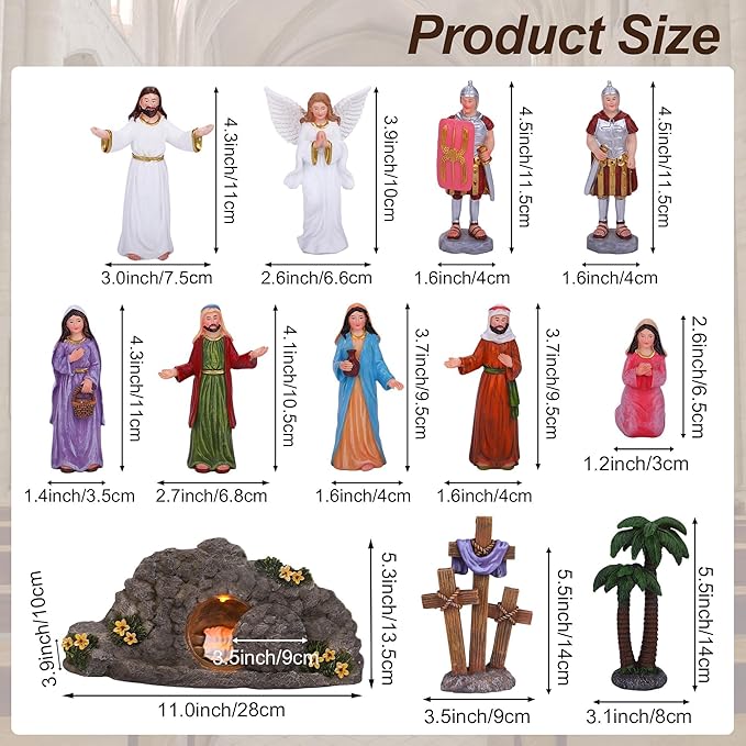 Fovths 12 Pieces LED Easter Scene and Cross Decoration Easter Resin Tabletop Decorations Resurrection of Jesus Statue Jesus Nativity Scene Decorations for Christian Figurines Home Office Tabletop