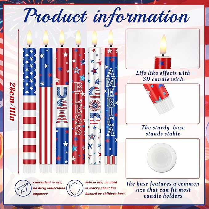 6 Pcs 4th of July LED Flameless Candle Set 250th Anniversary Patriotic Taper Candles Battery Operated with Remote God Bless American USA Flag Candles for Independence Day Decor Party Favors