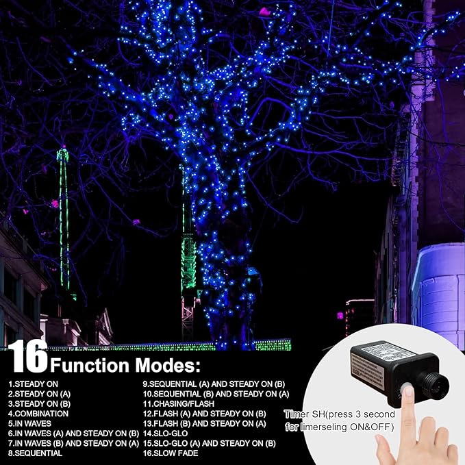 LAMPHOME 165ft Christmas Decorative Mini Lights, 500 LED Transparent Wire Fairy Starry String Light Plug in, 16Lighting Modes for Indoor Outdoor Xmas Tree Wedding Party Decoration (Blue)