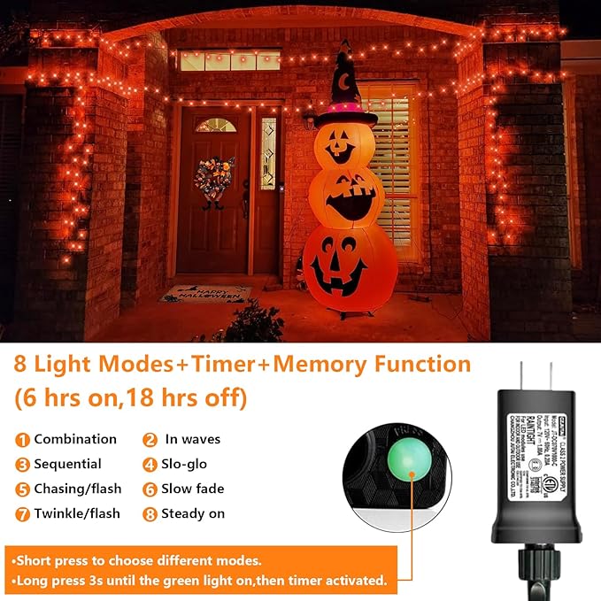 QITONG 165ft 500 LED Orange Christmas Lights, Thanksgiving String Lights Outdoor Waterproof with 8 Modes, Green Wire String Light Plug in Indoor with Timer Memory