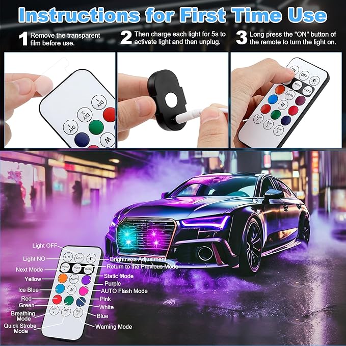 PIFOOG 6PCS Wireless LED Strobe Lights with Remote Control Anti Collision Light RGB Magnetic Rechargeable Motorcycle Light for Cars Trucks Bike Scooter Night Driving Warning Flashing Strobes Lights