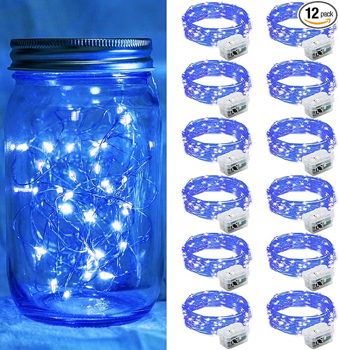 12 Pack Blue Fairy Lights 7Ft 20 LED Twinkle String Lights 3 Modes Battery Operated Waterproof Firefly Starry for Mason Jar Wedding Party 4th of July Christmas Day Table Centerpieces