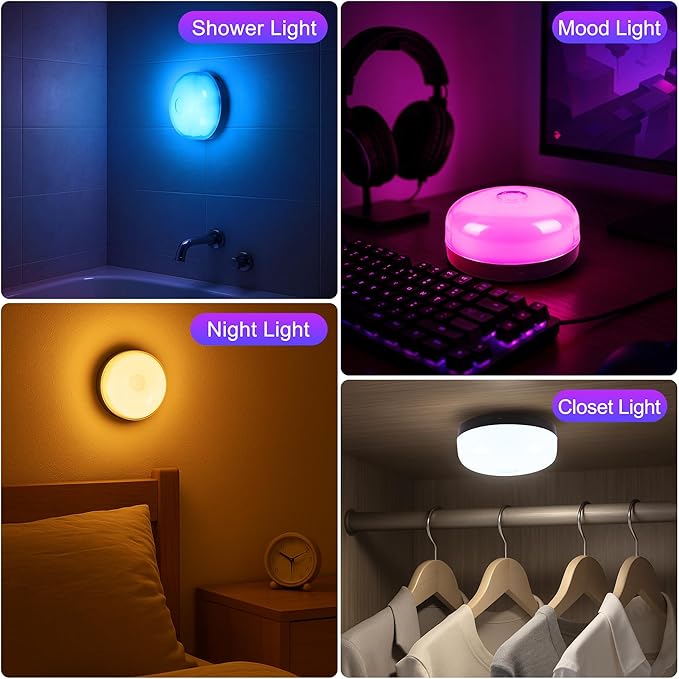 2-Pack Rechargeable Shower Lights for Inside Shower, 15 RGBW Color Changeable Waterproof Lights for Shower with Remote(Dimmable＆Timer), Wireless LED Mood Lighting for Bathroom, Closet, Bedroom, Party