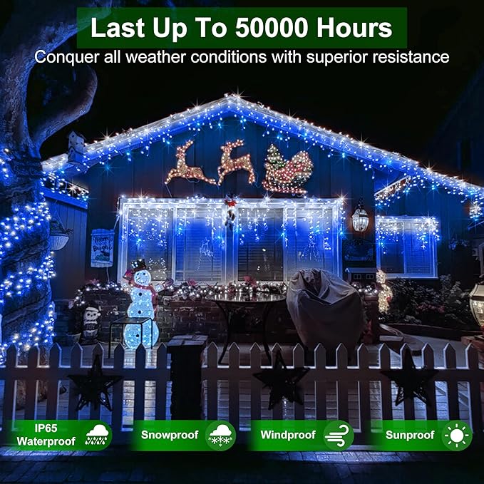 1296 LED Outdoor Christmas Lights with 288 Drops, 131FT Christmas Fairy Lights with 8 Modes Timer, Twinkly Lights IP44 Waterproof for Eaves Yard Holiday Wedding Party Decor Blue & Cool White