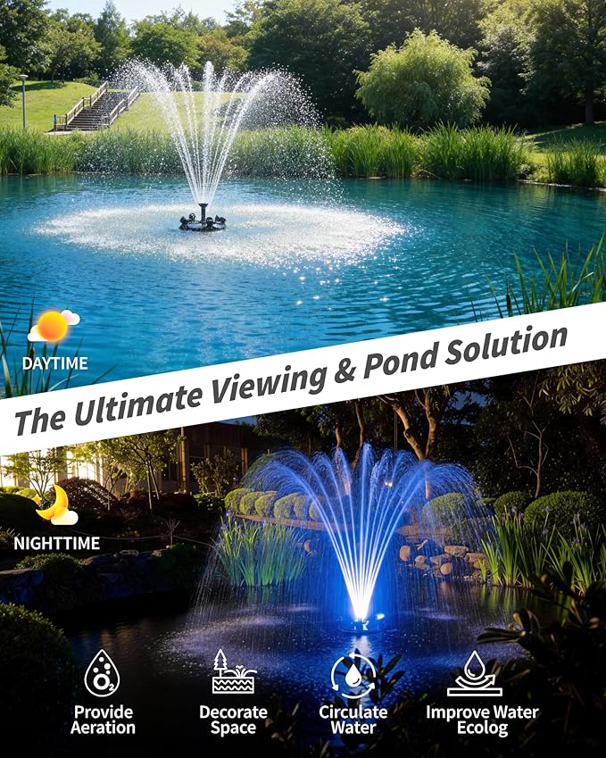 POPOSOAP Floating Pond Fountain With LED Lights, Pond Fountain Aerator Complete Kit with 1600GPH Water Pump 50FT Power Cord, 3 Spray Styles for Ponds, Pool, Lakes & Water Gardens P155