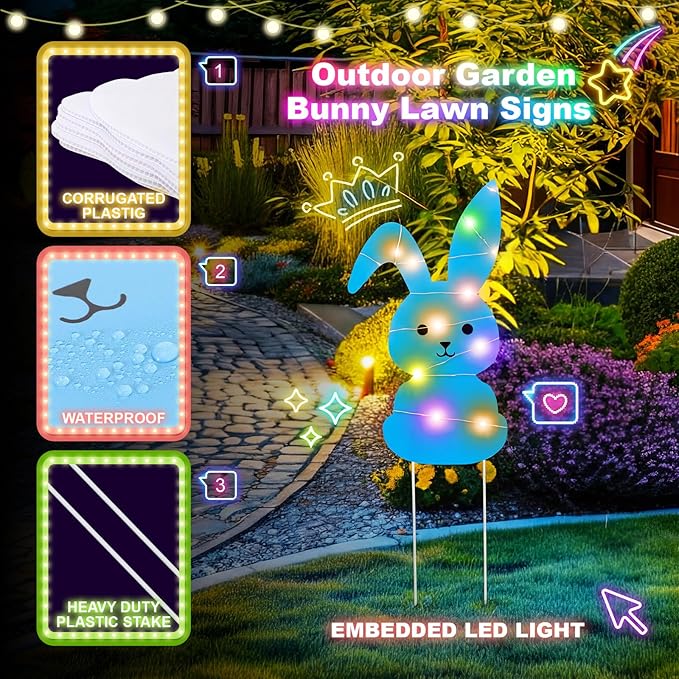 Novabright 6 Pcs Easter Bunny Yard Signs Colorful with Stakes, Outdoor Garden Bunny Lawn Signs with 39ft LED Lights Rabbit Happy Easter Decorations for Home Spring Props Party Supply