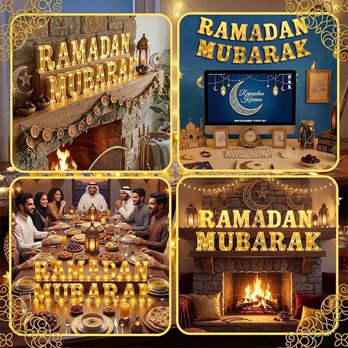 Ramadan Mubarak Large LED Lights Mirror-Effect Letter Lights Battery Powered Eid Mubarak Decorations for Party Decorations Indoor Outdoor