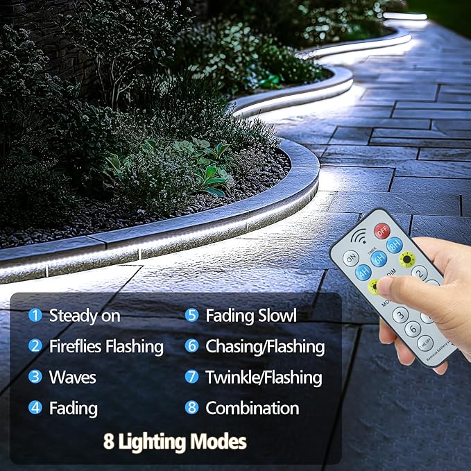 Solar Strip Lights Outdoor, 33Ft 640 LED Strip Light Cool White with Remote Timer Dimmable Outside Rope Lights Waterproof for Garden Yard Party Decor (No Adhesive)