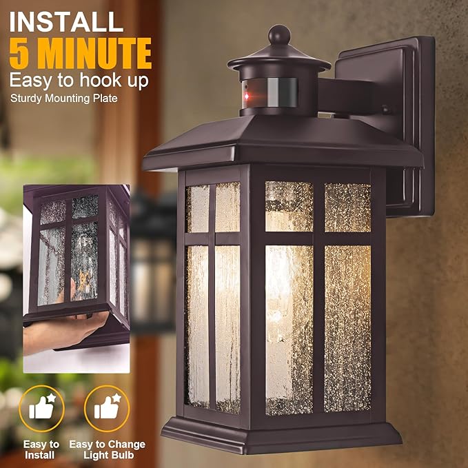 Updated Dusk to Dawn Porch Light, Exterior Light Fixtures Wall Mount Oil Rubbed Bronze, Porch Lights Dusk Dawn Bronze, with E26 Sockets & Tempered Glass, Dusk till Dawn Outdoor Lighting Fixture