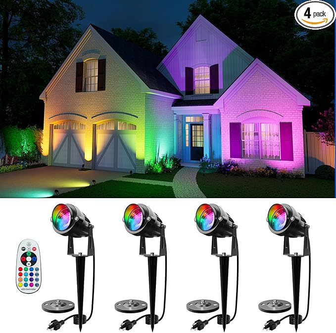 4 Pack RGB Landscape 12W Spotlights for Outdoor & Indoor Decoration Waterproof 120V Wired Color Changing Spot Light with Remote for Lighting Garden Tree, Potted Flowers, Cabinet Display, Artwork