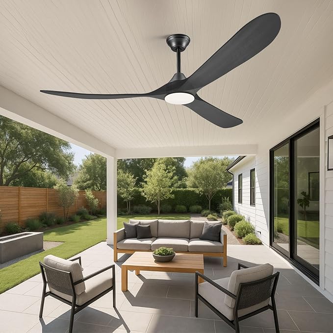 60 Inch Black Outdoor Ceiling Fans for Patios with Light, 3 Blade Modern Wood Ceiling Fans with Remote Quiet DC Motor, Large Airflow Indoor Outside Ceiling Fan for Bedroom Office Gazebo Garage Porch