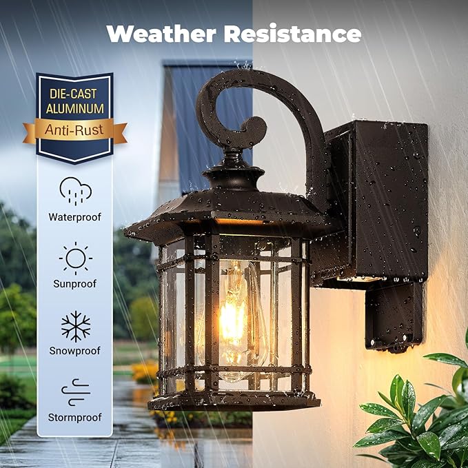Dusk to Dawn Outdoor Wall Lights with GFCI Outlet, Oil-Rubbed Bronze Exterior Lights for House with Seeded Glass, Anti-Rust Outdoor Light Fixture, Waterproof Front Porch Light for Yard, Patio