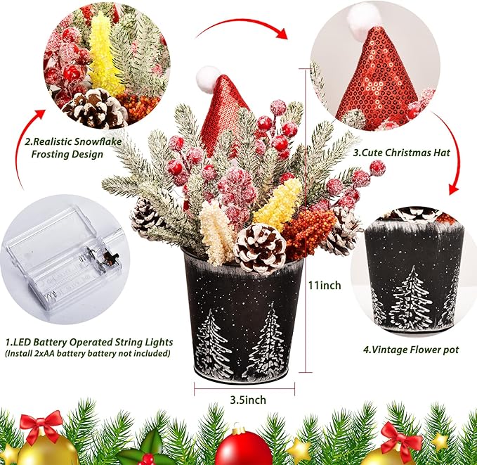 KC&KST 2PC Christmas Centerpieces for Tables with LED Lights - Tabletop Artificial Floral Arrangement Decorations, Pine Cones and Berries, Xmas Small Potted Holiday Table Decor(Small Christmas Tree)