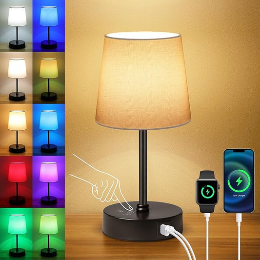 Ascher Small Bedside Table lamp, RGB Color Changing Lamps, 3 Color Temperatures, Dimmable Nightstand Lamp with USB C+A Ports, Touch Desk Lamp for Bedroom Living Room, H11.4in(Cream Shade)