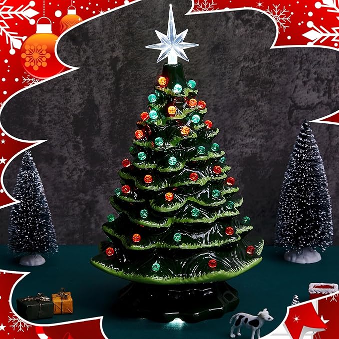Boao 100 Pcs Ceramic Christmas Tree Bulbs with 5 Pcs Star Topper Light Ornaments Round and Heptagram Christmas Replacement Lights Bulbs for Village Xmas Tree Topper Decorations(Red and Green)