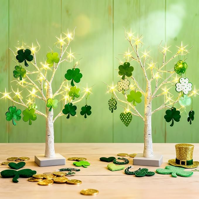 2-Pack Lighted Easter Spring Mothers Day Christmas Tree Decorations Indoor, 2ft Birch Tree with LED Lights, Small Tabletop Patriotic Valentines Day Tree with Lights,Battery- Powered