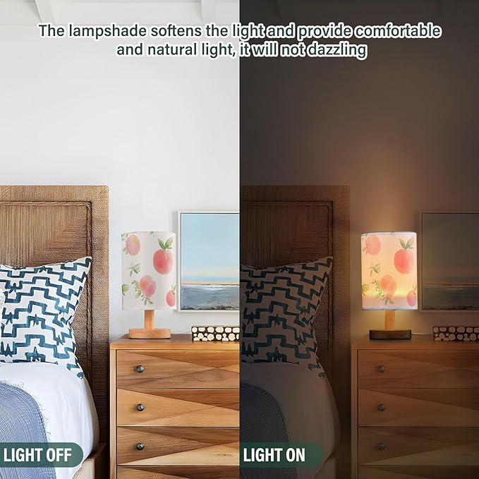 Bedside Table Lamp Peach Watercolor Fruit Leaves Pink Nightstand Lamp with Wood Desk Lamps for Bedroom Living Room Nursery Office Home Decor
