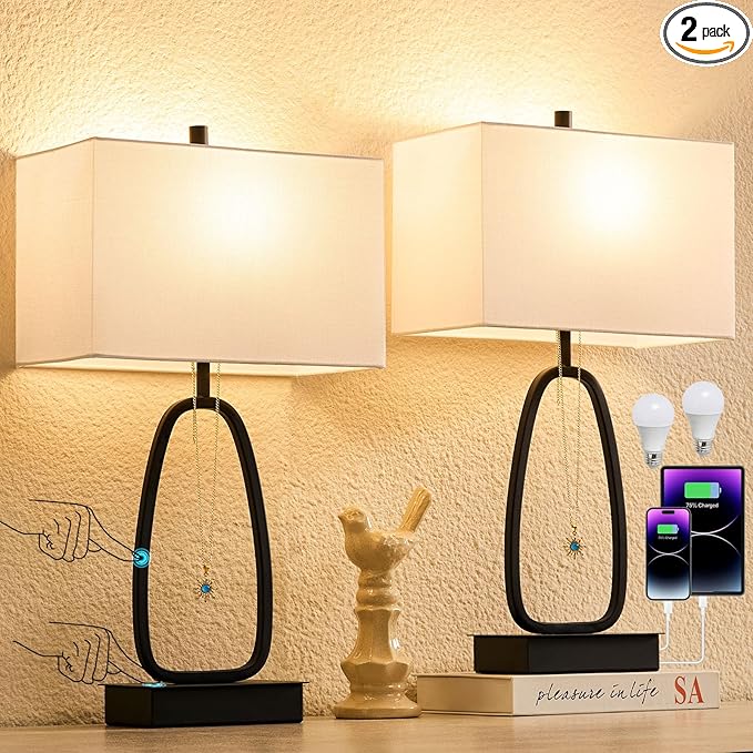 22" Set of 2 Modern Touch Table Lamps with 2 USB & AC Outlets, 3-Way Dimmable Bedroom Bedside Lamps for Nightstand Living Room Office Dining Room (LED Bulbs Included)