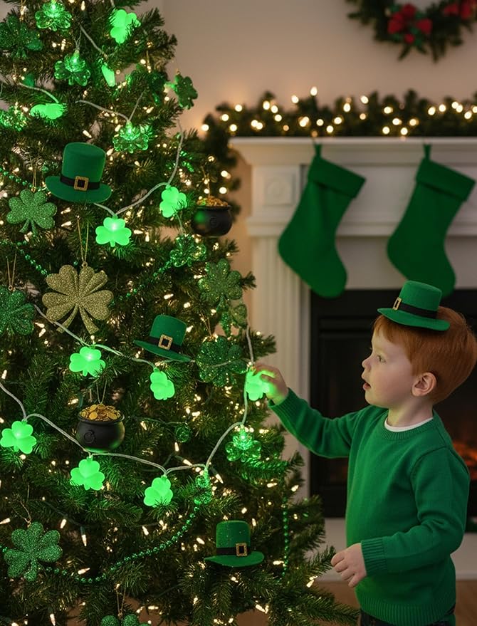 8.5Ft Shamrock String Lights Outdoor, St Patricks Day Decorations Lights with 10 LED Green Clover Lights, Plug in Shamrock Fairy Light for Window Patio Garden Party Irish St. Patricks Day, White Wire