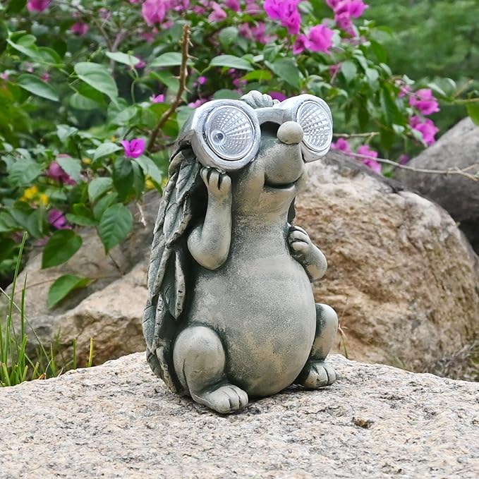 Garden Hedgehog Figurines Animals - Outdoor Decor Solar Lights Lawn Ornament Concrete Critters Cement Statues Cute Resin Yard Sculpture Creature Gifts for Women Lover