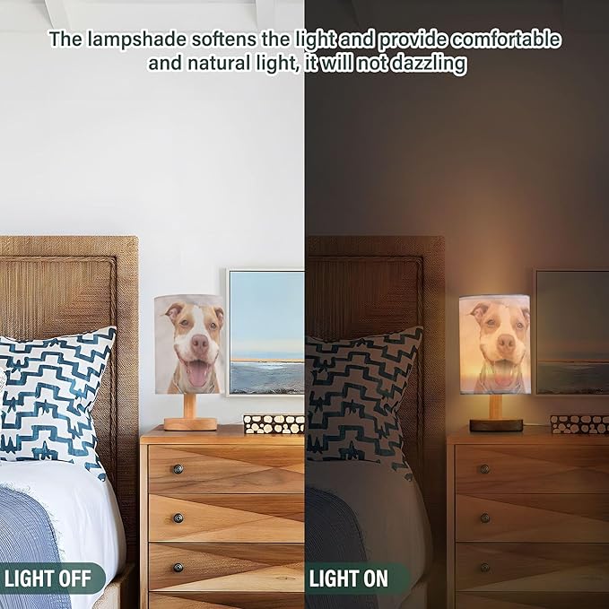 Table Lamp Pitbull Dog Smile Nightstand Lamp with Wood Base Fabric Lamp Shade Bedside Desk Lamp for Living Room Bedroom Kids Room Office